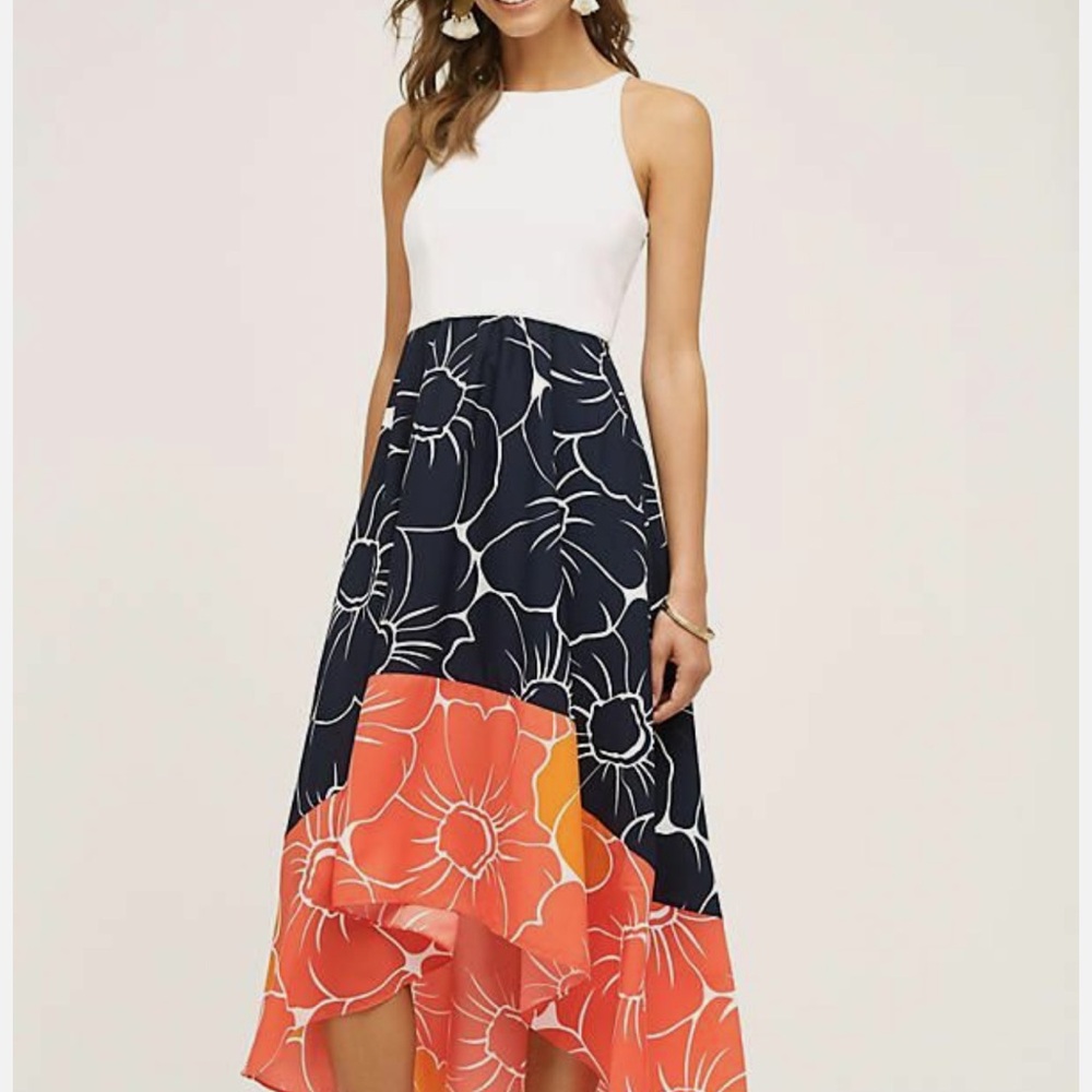 ANTHROPOLOGIE Hutch Peachy High-Low Dress Midi White Orange Navy Petite Medium